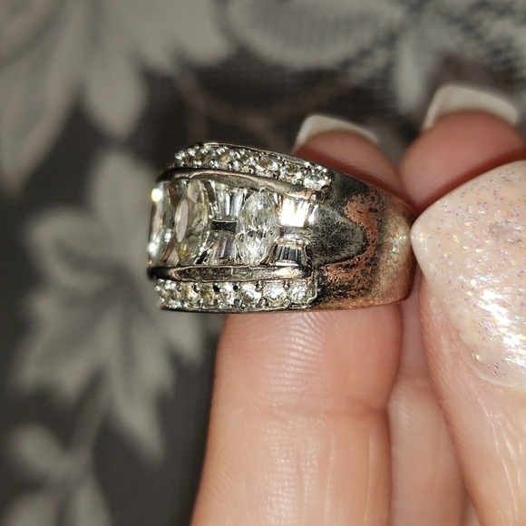 Sterling silver stamped marquis baguette and round cz statement ring - Picture 9 of 13